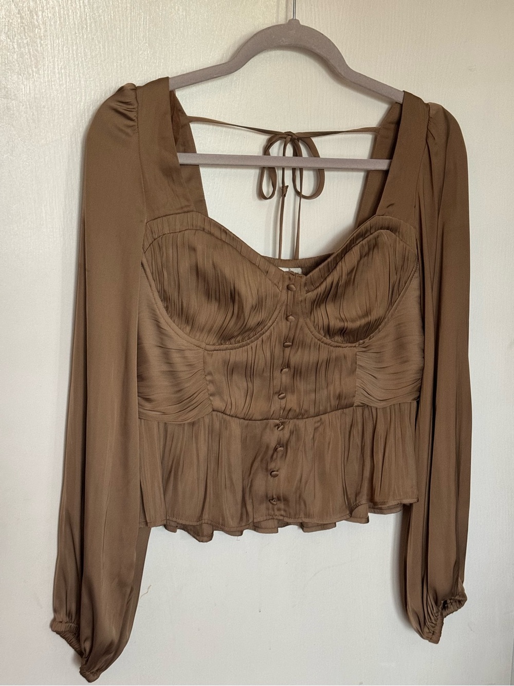 Satin Peplum Long-Sleeve Top in Brown